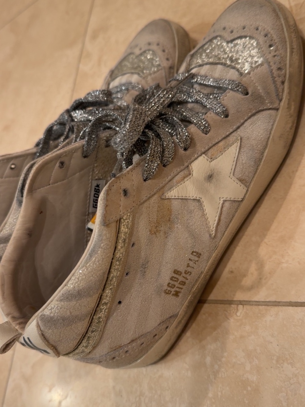 Golden Goose Mid Star Glitter Suede Sneakers Silver Metallic Made Italy - Picture 11 of 14